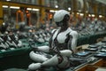 Anthropogenic robot meditates sitting in the lotus position on a conveyor line at the robot factory