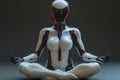 An anthropogenic robot meditates sitting in a lotus position on a dark background