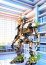 An anthropogenic robot, overgrown with foliage, in the library.