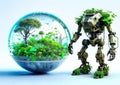 An anthropogenic robot overgrown with foliage, moss and grass on a white background.