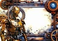 Anthropogenic rusty robot, on the background of an empty steampunk banner.