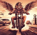 anthropomorhic lion characters gang riding custom bike hotrod on the road wearing leather blue jeans