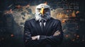 Anthropomorphic American bald eagle businessman with crossed arms and world map stock quotes and graphs. Behind him. The American