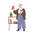 Anthropomorphic animal reader with books. Smart llama character standing, choosing business literature to read. Teacher