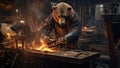 An anthropomorphic bear blacksmith working with iron on an anvil in his forge amidst sparks and flames