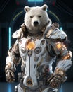 An anthropomorphic bear in pristine white armor with orange glowing details stands against a space station backdrop