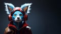 Anthropomorphic blue dog wearing in avia flight helmet and leather jacket on dark background