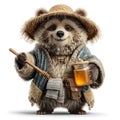 Anthropomorphic Brown Bear Beekeeper with Straw Hat Holding Honey Jar on White Background Royalty Free Stock Photo