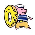 Anthropomorphic cartoon vector pigglet shipboy and donut