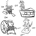 Anthropomorphic cartoon vector pigs in the sea set