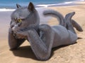 Anthropomorphic cat lying on a beach