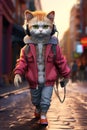 Anthropomorphic cat wearing headphones and with a smartphone in his hand walks along a city street. Cool cat character