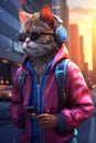 Anthropomorphic cat wearing headphones and with a smartphone in his hand walks along a city street. Cool cat character