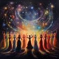 Anthropomorphic celestial beings dancing in a vibrant meteor shower