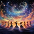 Anthropomorphic celestial beings dancing in a vibrant meteor shower