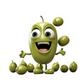 An anthropomorphic character in the form of a green olive with eyes and a mouth