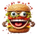 An anthropomorphic character in the form of a hamburger with eyes, a mouth, and arms