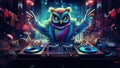 An anthropomorphic colorful owl DJ in a costume at a music deck, surrounded by light and flying musical accessories