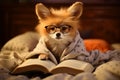 Anthropomorphic cute Fox wearing a Home Suit and glasses, reading book