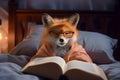 Anthropomorphic cute fox wearing a home suit and glasses, reading book