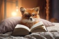 Anthropomorphic cute Fox wearing a Home Suit and glasses, reading book