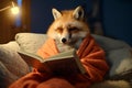 Anthropomorphic cute fox wearing a home suit and glasses, reading book
