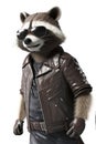 Anthropomorphic cute raccoon dressed in a leather jacket