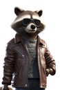 Anthropomorphic cute raccoon dressed in a leather jacket