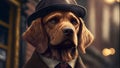 An anthropomorphic detective golden retriever dressed up in the peaky blinder style
