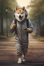 Anthropomorphic dog character. Akita Inu in a tracksuit and with headphones on his head holds a smartphone in his hand