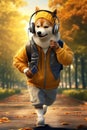 Anthropomorphic dog character. Akita Inu in a tracksuit and with headphones on his head holds a smartphone in his hand