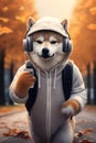 Anthropomorphic dog character. Akita Inu in a tracksuit and with headphones on his head holds a smartphone in his hand