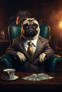 Anthropomorphic dog character. A pug businessman in a business suit and with a cup of coffee is sitting in a leather