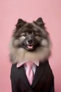 an anthropomorphic dog, smartly dressed in a black suit and pink tie, mascot dressed as an executive, businessman, Generative AI