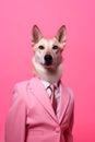 an anthropomorphic dog, smartly dressed in a pink suit and pink tie, mascot dressed as an executive, businessman, Generative AI