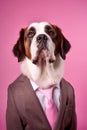 an anthropomorphic dog, smartly dressed in a suit and pink tie, mascot dressed as an executive, businessman, Generative AI