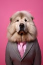 an anthropomorphic dog, smartly dressed in a suit and pink tie, mascot dressed as an executive, businessman, Generative AI