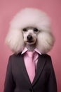 an anthropomorphic dog, smartly dressed in a suit and pink tie, mascot dressed as an executive, businessman, Generative AI