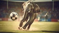 An anthropomorphic elephant plays soccer, hitting the ball with its trunk on a stadium in front of a massive crowd Royalty Free Stock Photo