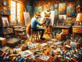 Anthropomorphic Fox Artist Painting in a Messy Studio