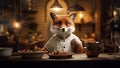 An anthropomorphic fox chef cooking food, standing at a kitchen table with ingredients Royalty Free Stock Photo