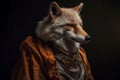 Anthropomorphic fox dressed in aristocratic orange robe. Generate ai