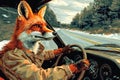 Anthropomorphic Fox Driving Vintage Car. Created with Generative AI