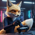 Anthropomorphic fox with realistic fur and expressive eyes engages with a joystick, Royalty Free Stock Photo