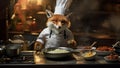 An anthropomorphic fox in a white chef\'s apron frying food in a pan in a professional kitchen