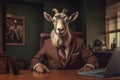 Anthropomorphic goat in business suit at work in its office. Realistic generative AI illustration