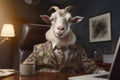 Anthropomorphic goat dressed in posh suit and tie sitting in its office looking important. Realistic generative AI illustration