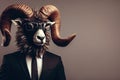 An Anthropomorphic Goat Dressed up as a Cool Business Man in a Suit and with glasses in the