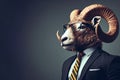 An Anthropomorphic Goat Dressed up as a Cool Business Man in a Suit and with glasses in the