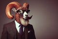 An Anthropomorphic Goat Dressed up as a Cool Business Man in a Suit and with glasses in the